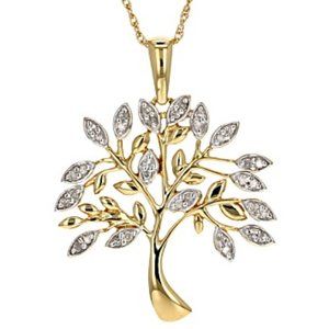 White Diamond 14k Yellow Gold Over Sterling Silver Tree Pendant With 18" Rope Ch